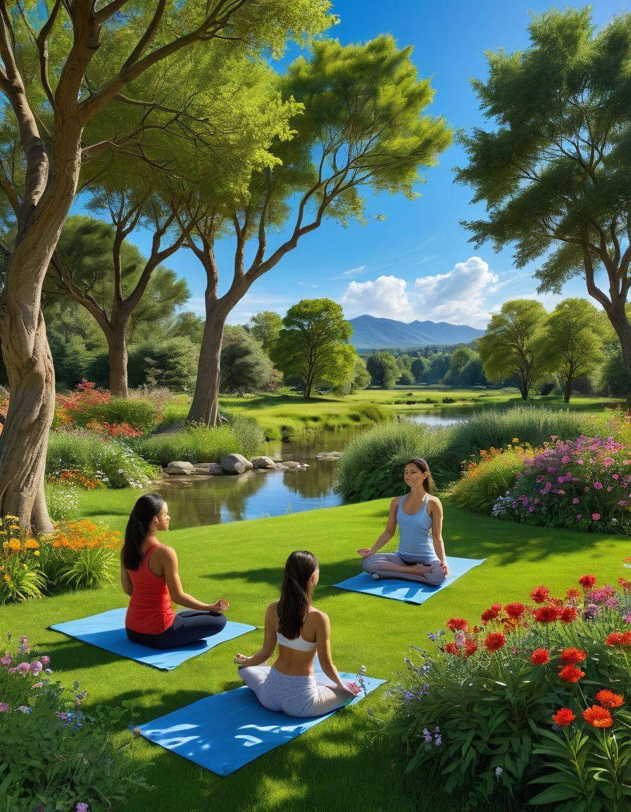 A serene landscape showcasing diverse cultures in harmony, with individuals practicing yoga, meditating, and engaging in healthy activities like gardening and cooking. The scene includes vibrant nature elements like lush trees, flowers, and gentle flowing water. Integrate symbols of wellness like a yin-yang and leaves representing growth. super-realistic. vibrant colors. calming atmosphere.