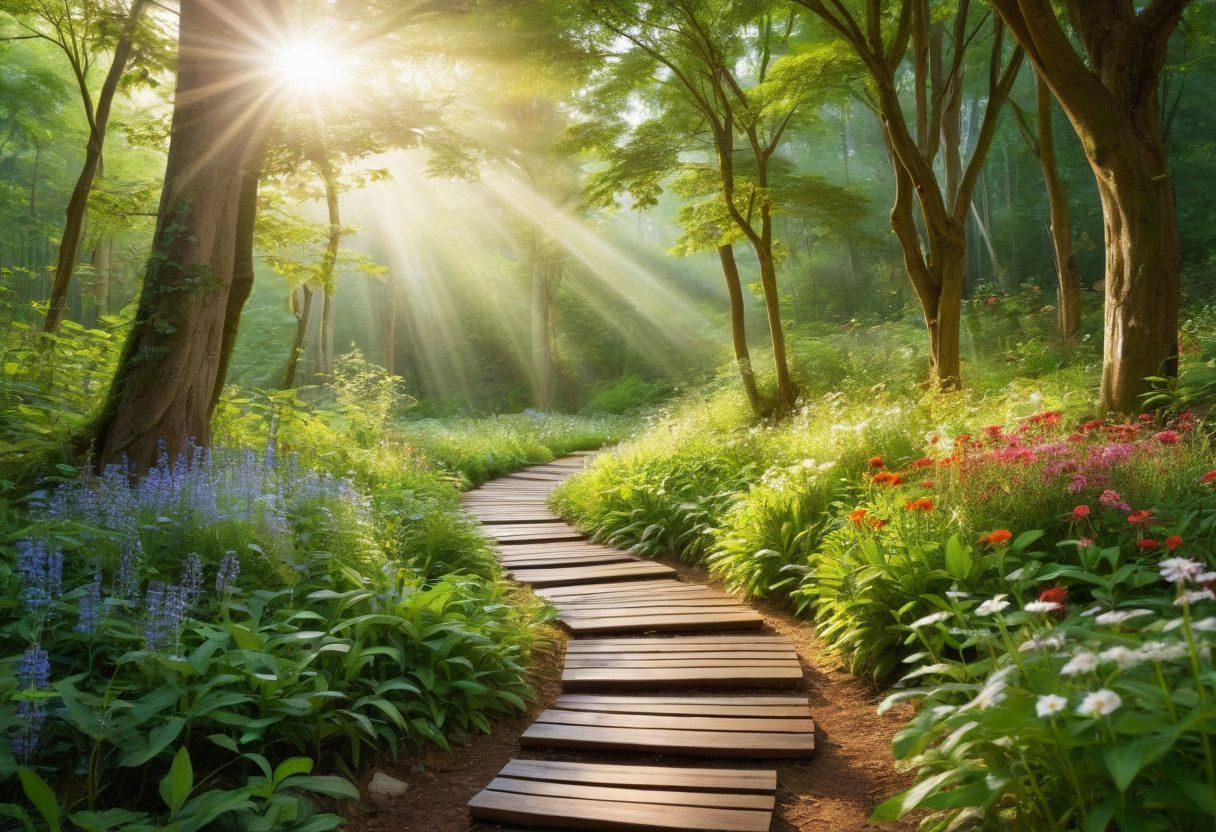 A serene pathway through a lush green forest, symbolizing a journey towards wellness, with vibrant wildflowers on the sides and rays of sunlight filtering through the leaves. In the foreground, diverse individuals engaging in various wellness activities like yoga, meditation, and healthy cooking, showcasing a sense of community and transformation. Soft, inviting colors to evoke a peaceful atmosphere. vibrant colors. super-realistic.