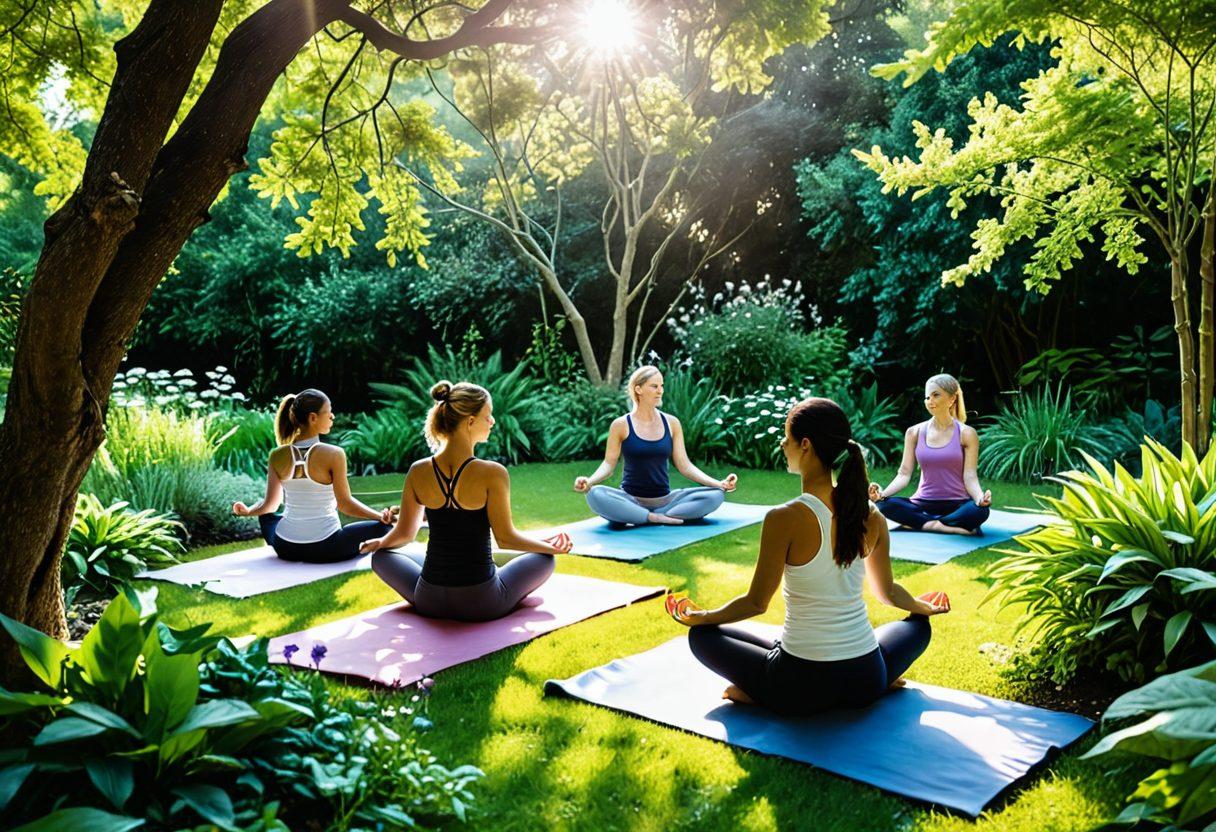 A serene garden scene with a diverse group of people engaging in various wellness activities like yoga, meditation, and gardening, surrounded by blooming flowers and greenery. Soft sunlight filtering through the trees creates a peaceful atmosphere, symbolizing growth and balance. Include elements like organic food, herbal teas, and natural remedies scattered throughout the setting. super-realistic. vibrant colors. peaceful ambiance.
